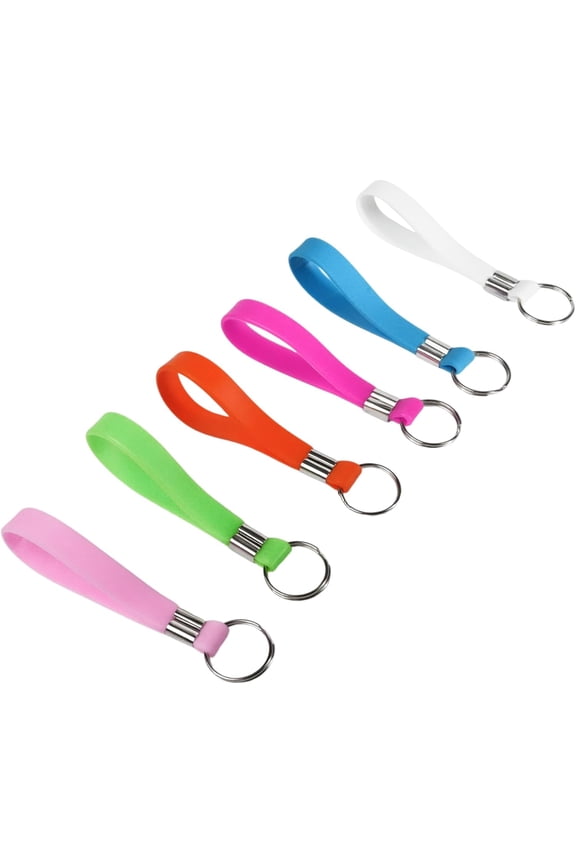 Multi Pack of Six Heavy Duty Identification Silicone Key Ring Loops Fob, Strong Durable Keychains in Red, Yellow, Blue, Green, Black and Purple for Easy Key Management