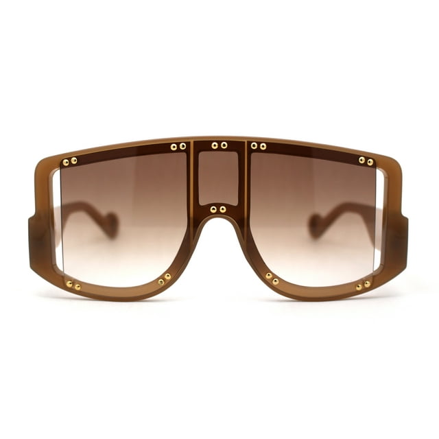 Multi Panel Shield Drop Temple Plastic Curved Top Racer Sunglasses All Brown