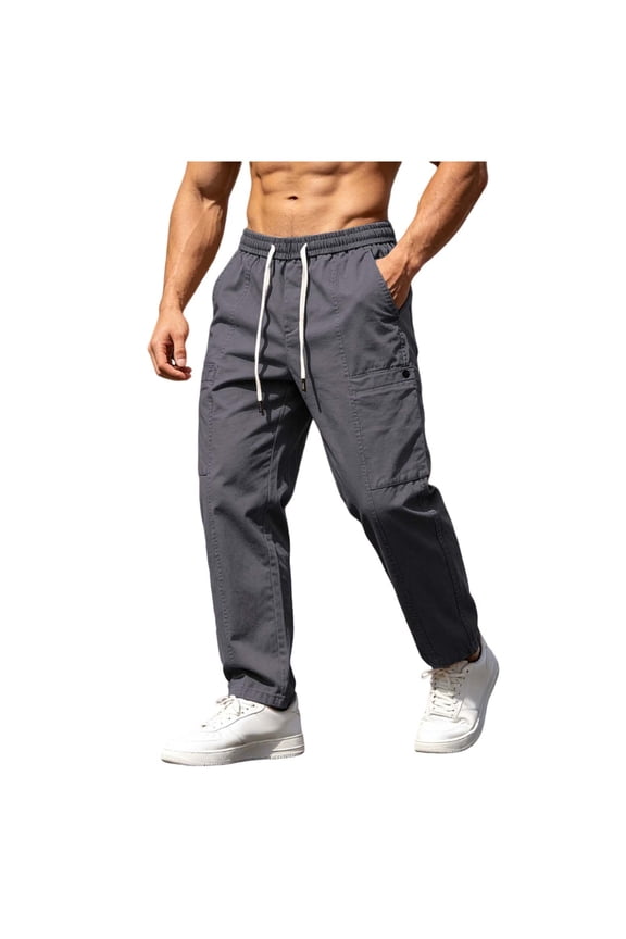 Multi Patch Pocket Drawstring Elastic Waist Cargo Jogger Pants for men, Solid Loose Outdoor Sport Long Trousers