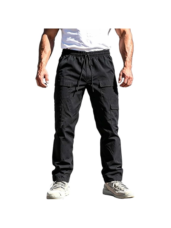 Multi Patch Pocket Drawstring Elastic Waist Cargo Long Pants for men, Loose Fit Daily Streetwear Trousers
