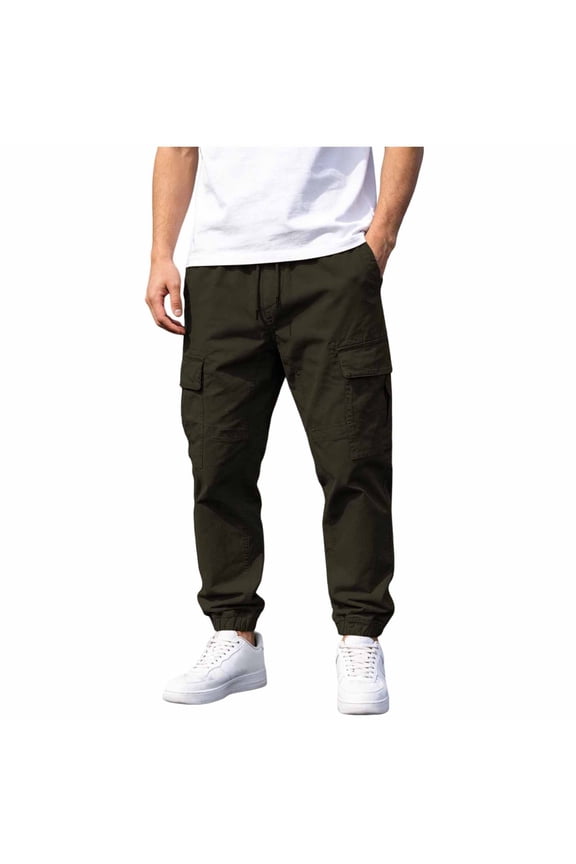Multi Patch Pocket Drawstring Elastic Waist Straight Cargo Pants for men, Solid Loose Street Daily Long Trousers