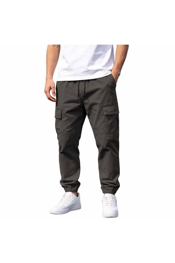 Multi Patch Pocket Drawstring Elastic Waist Straight Cargo Pants for men, Solid Loose Street Daily Long Trousers