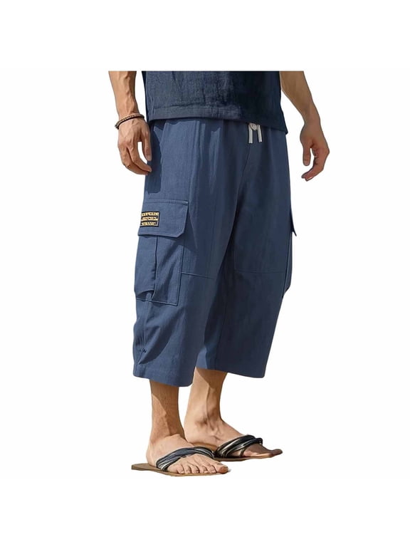 Multi Patch Pocket Linen Blend Drawstring Jogger Cargo Pants for men, Solid Outdoor Loose Casual Trousers