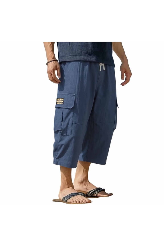Multi Patch Pocket Linen Blend Drawstring Jogger Cargo Pants for men, Solid Outdoor Loose Casual Trousers