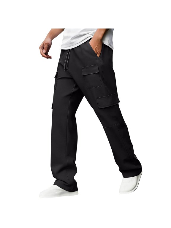 Multi Patch Pocket Wide Leg Cargo Pants for men, Drawstring Elastic Waist Street Fashion Loose Long Trousers