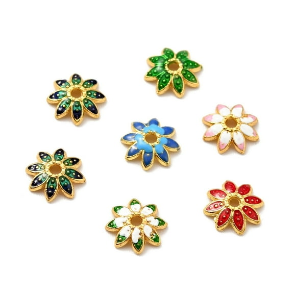 Multi-Petal Alloy Enamel Bead Caps Cadmium Free & Lead Free Golden Flower Mixed Color 7.5x7x2mm Hole: 1mm