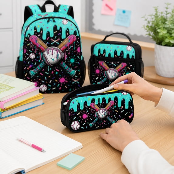 Multi‑Piece School Backpack Kit, Vibrant Graffiti Baseball Bat Print Bookbag with Lunch Container and Stationery Pouch, Durable Daypack for Daily Study and Short Travel