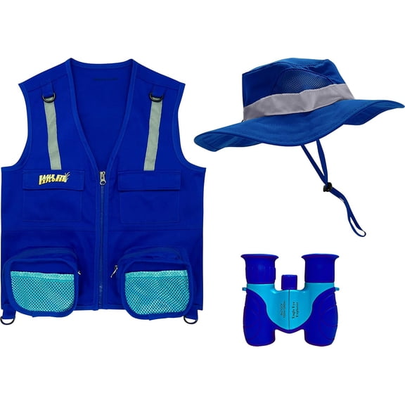 Multi-Piece Set Cargo Vest with Reflective Safety Straps, 1 8x21 Magnification Binoculars and Safari Hat for Boys and Girls (Medium/Large, Dark Blue Vest, Hat Binoculars)