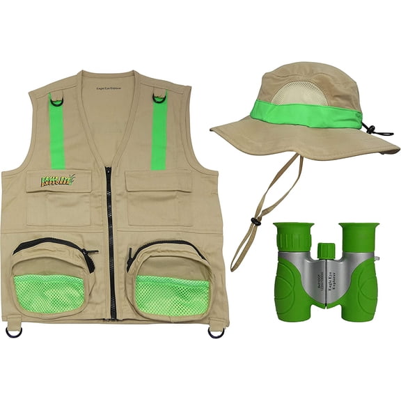 Multi-Piece Set Cargo Vest with Reflective Safety Straps, 1 8x21 Magnification Binoculars and Safari Hat for Boys and Girls (X-Small, 3 Piece Set-Tan Vest, Hat and Binoculars)