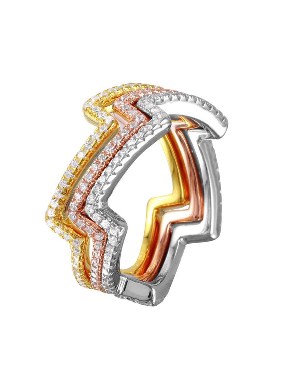 Multi-Plated Sterling Silver 925 Three Piece Zig-Zag Stackable Ring White CZ Female Size 9