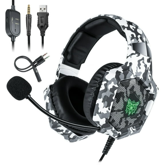 Multi-Platform Gaming Headset for PC, PS5, PS4, Xbox, Nintendo Switch, Mobile, Over-Ear, 3.5mm Jack, Volume Control, Adjustable Microphone - White Camo