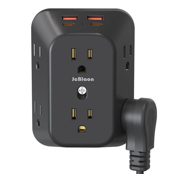 Multi Plug 6 Outlet Extender with 4 USB Ports, Black Surge Protector Wall Splitter, 1050J Power Strip 3 Side Wide Spaced Adapter Multiple Charger Expander, Mountable Wall Tap for Office Home Travel