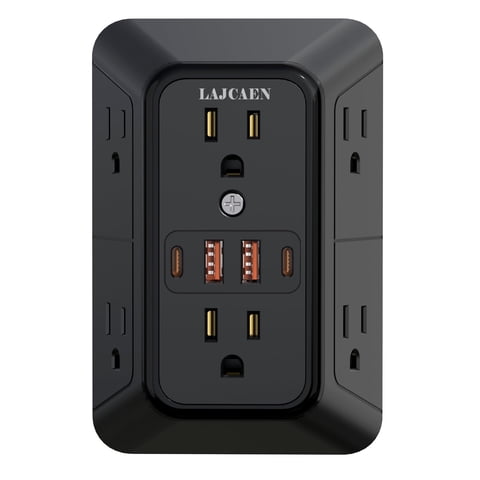 Multi Plug 6 Outlet Extender, LAJCAEN Black Surge Protector Wall Splitter, 1050J Power Strip 3 Side Wide Spaced Adapter Multiple Charger Expander, Mountable Wall Tap for Office Home Travel Dorm Room