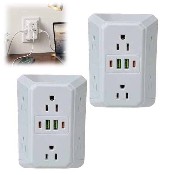 Multi Plug 6-Outlet Extender, Surge Protector with USB C, Outlet Splitter 6 Outlets 2 USB & 2 USB C Ports, Wall Adapter for Home Dorm Office Travel(2PCS)