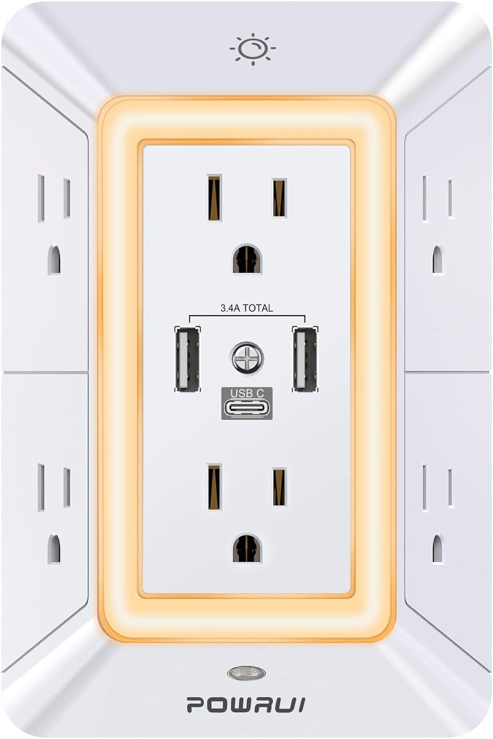 Multi Plug 6 Outlet Surge Protector Extender with 3 USB Ports (1 C) and Night Light, 3-Sided Power Strip Adapter Spaced Outlets, ETL Listed, White