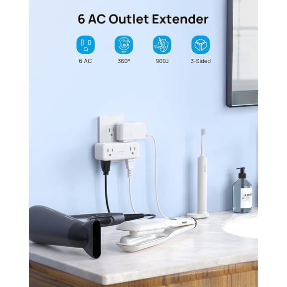 Multi Plug Outlet Extender 2 Pack - 6 AC Outlet Splitter with 360 Rotating Plug, Wall Plug Adapter, 3 Way Multiplug Expander, Swivel Wall Extension Adapter for Bathroom Kitchen Office Travel