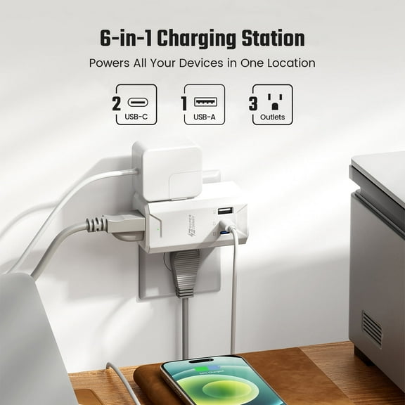 Multi Plug Outlet Extender,3 AC Outlets, 2USB C, 1 USB-A, 360° Rotating Plug Outlet Splitter Surge Protector