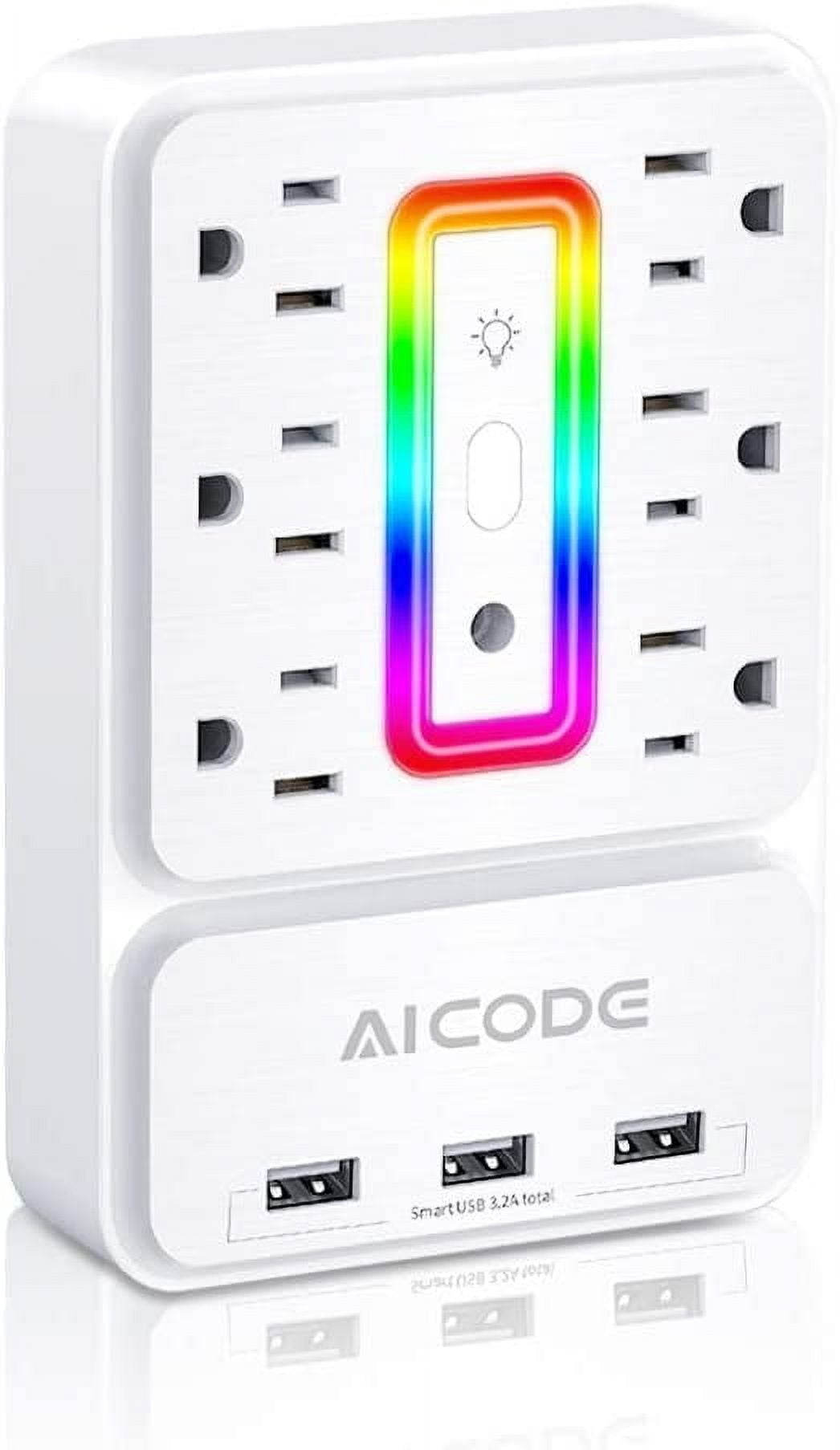 Multi Plug Outlet Extender, 6 Outlet Sur Outlet Protector with 3 USB Charr(3.2A Total),Wall Outlet Plug Electrical Outlet with 6 Ambient RGB Light , Plug Extender for Home,Office,Dorm,Hotel