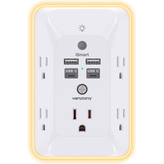 Multi Plug Outlet Outlet Extender with 4 USB Ports (2 C) and Night Light 1050J Surge Protector Wall Mount Splitter for Bathroom Kicthen Camper Dorm Room Essentials