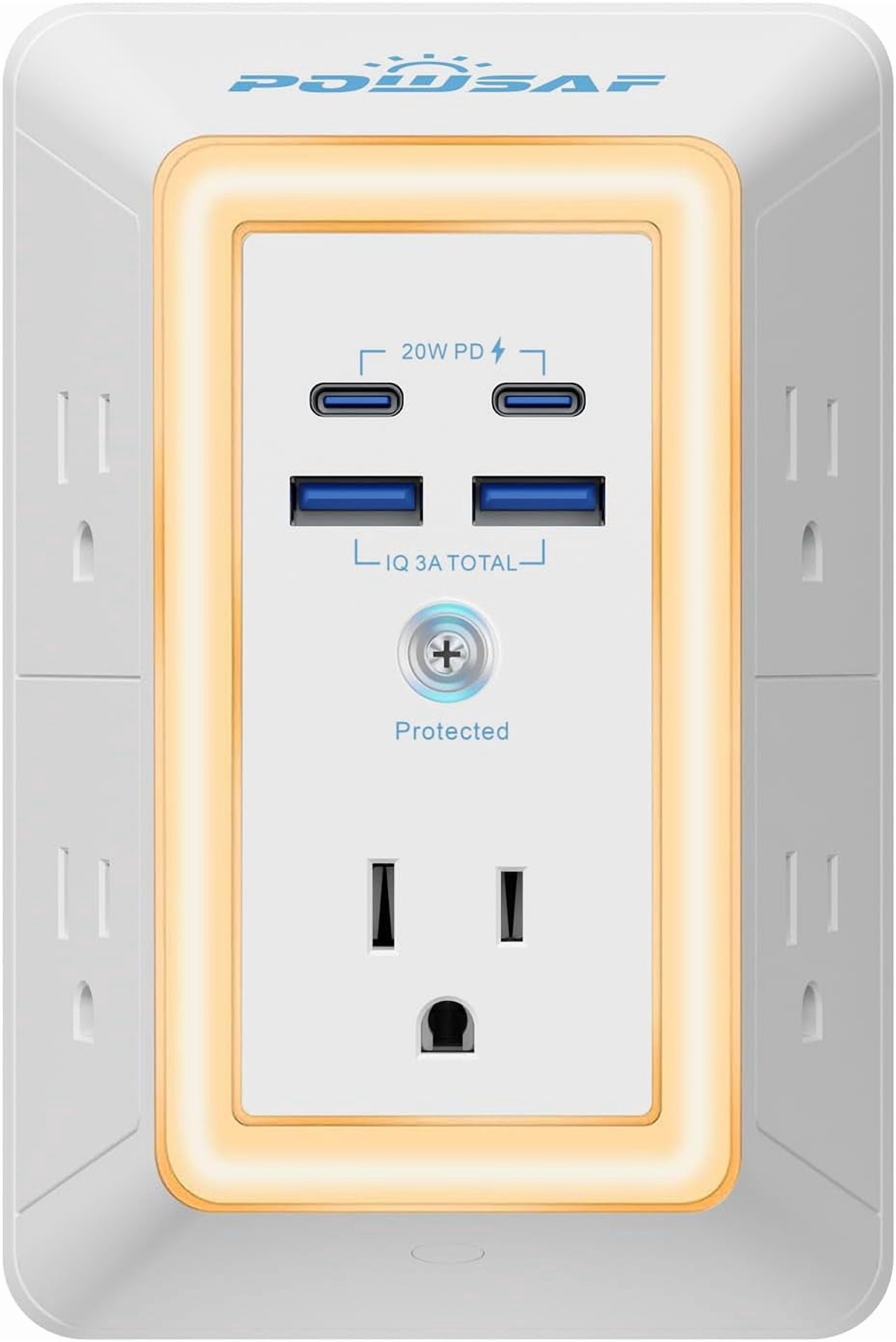 Multi Plug Outlet Surge Protector - 5 Extender with 4 USB Ports(2 USB-C PD 20W) and Night Light 3-Sided Power Strip Adapter Spaced Outlets ETL White