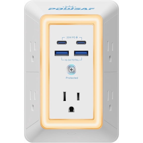 Multi Plug Outlet Sur Protector - 5 Outlet Extender with 4 USB Ports(2 USB-C PD 20W) and Night Light, 3-Sided Power Strip with Adapter Spaced Outlets - ETL, White