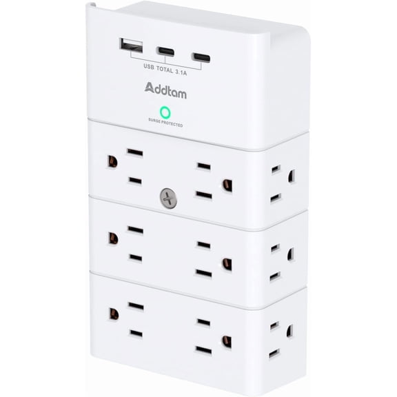 Multi Plug Outlet, Sur Protector Wall Mount with 12 Outlet Extender 3 Sides and USB Ports (2 USB-C), Splitter Power Strip for Home, Office, Hotel, White