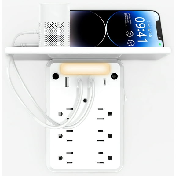 Multi Plug Outlet Surge Protector with Shelf and Night Light, 6 Outlet Extender with 4 USB Charging Ports, Wall Outlet Expander Power Strip for Home, Office, Travel