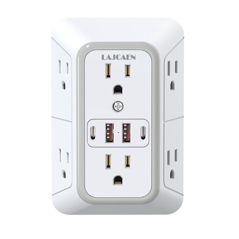 Multi Plug Outlet Surge Protector Wall Charger6 Outlet Extender with 4 USB Charging Ports (4.8A Total) 3-Sided 1050J Power Strip Adapter Spaced Outlets for Home Indoor