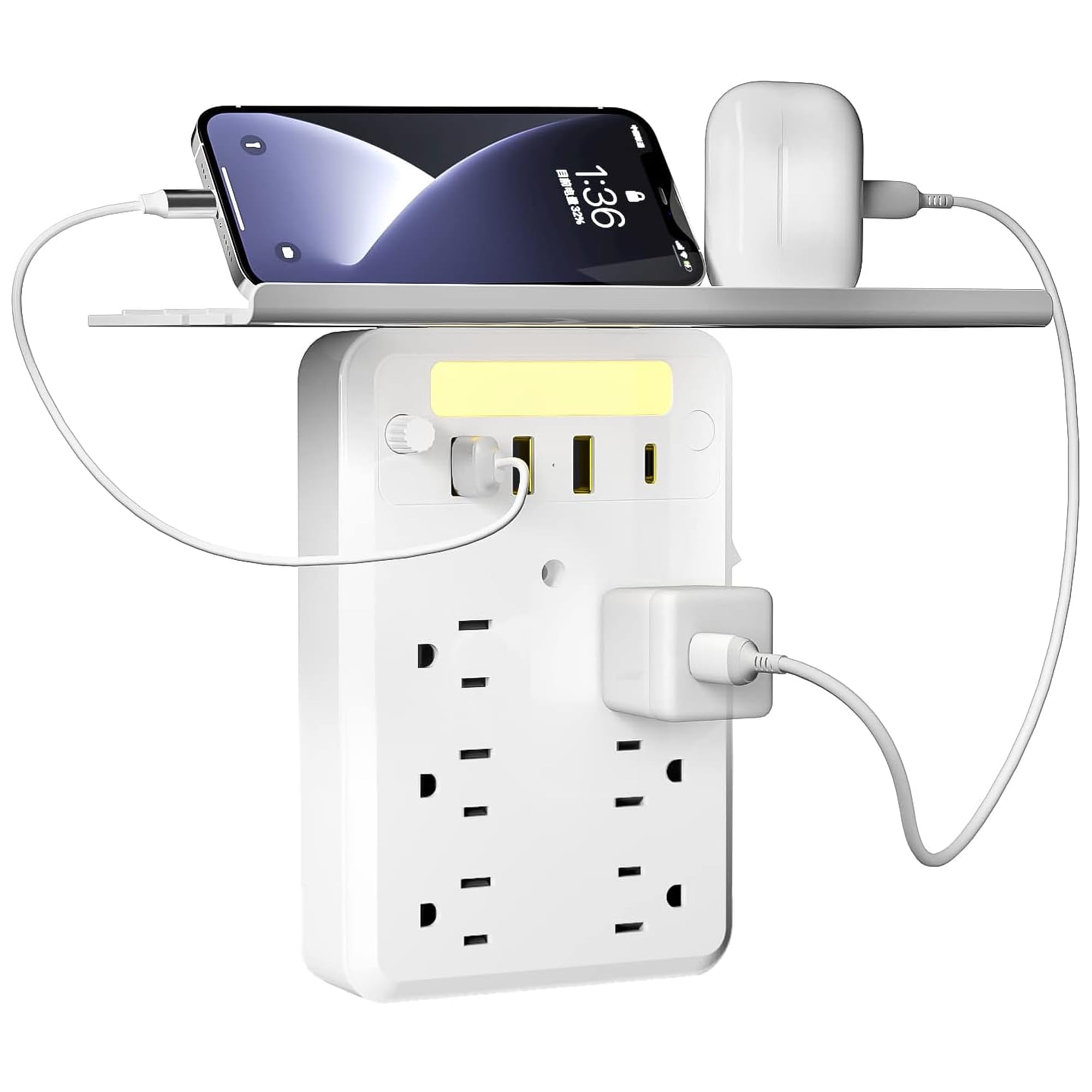 Multi Plug Outlet, Wall Outlet Extender with Shelf, Surge Protector 6