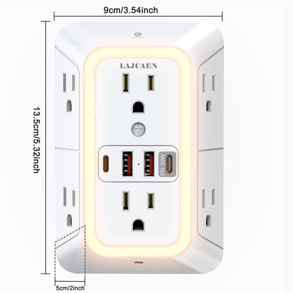 Multi Plug Wall Outlet Splitter, 6 AC Outlets + 4 USB Ports (20W USB-C PD Fast Charging), Surge Protector Power Wall Charger, 3D Side Design