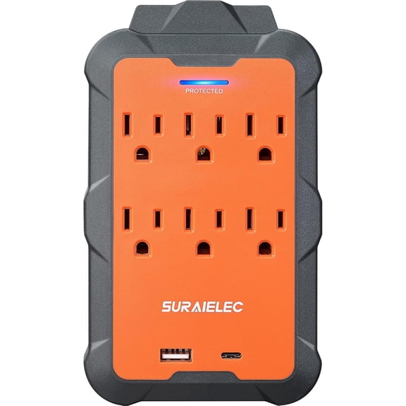 Multi Plug Wall Outlet Sur Protector Extender with USB-A & USB-C, 6 AC Outlets, Overmolded Rubber Housing, 980J Sur Protection, Heavy Duty for Workshop, Gara, ETL Listed