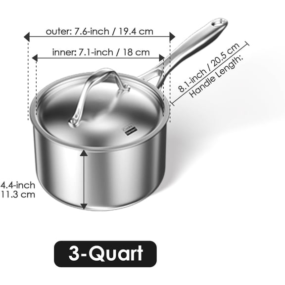 Multi-Ply Clad Saucepan, 3 Quarts, Silver - Stainless Steel Pot with Lid