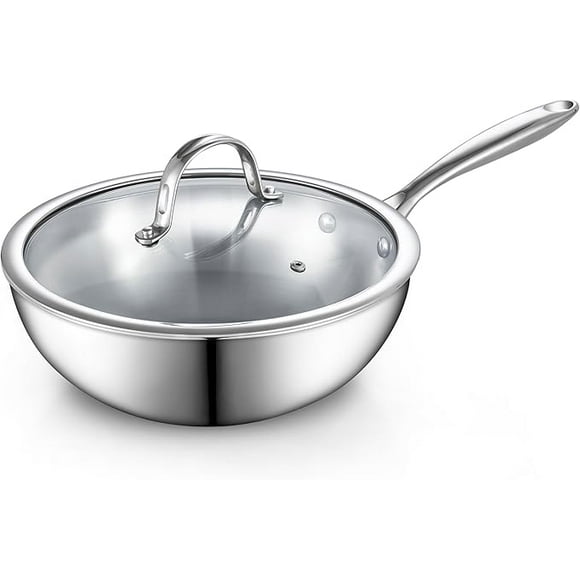 Multi-Ply Clad Stainless Steel Wok Stir Fry Pan, 10.5 inch Induction Wok with Lid, Flat Bottom Wok, Silver