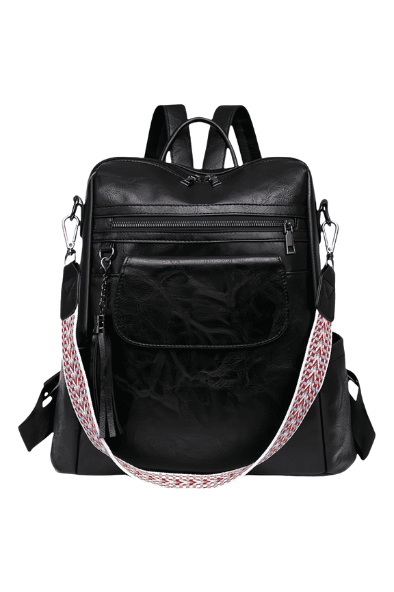 Multi - Pocket Black Backpack Set – Textured Leather & Color Strap