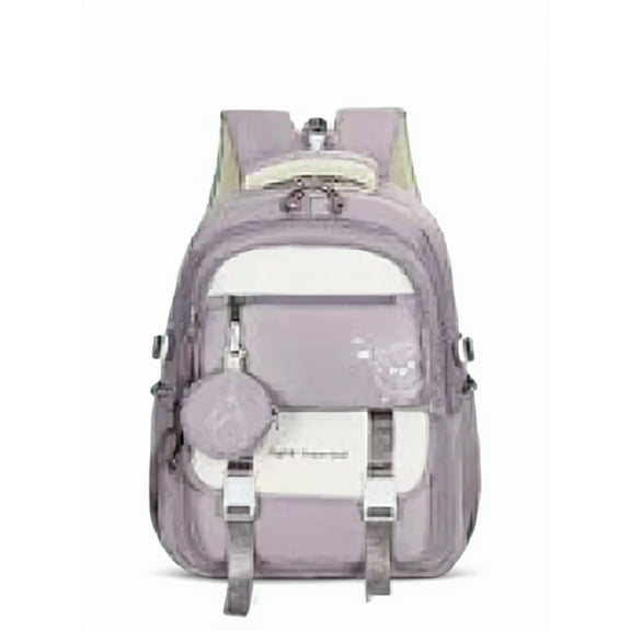 Multi-Pocket Cute Cartoon Design Travel Backpack with Decorative Keychain, Black, Brown, Light Purple, Light Green, and Red, 48×33 cm