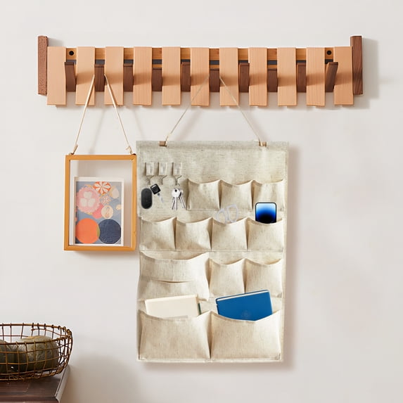 Multi-Pocket Fabric Hanging Organizer | Wall-Mounted Storage Bag for Dorms + Home - Beige Linen Textured Design | 69x46cm, Multi-Size Compartments
