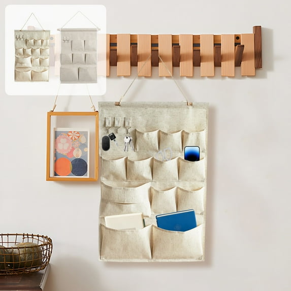 Multi-Pocket Fabric Hanging Organizer | Wall-Mounted Storage Bag for Dorms + Home - Beige Linen Textured Design | 69x46cm, Multi-Size Compartments