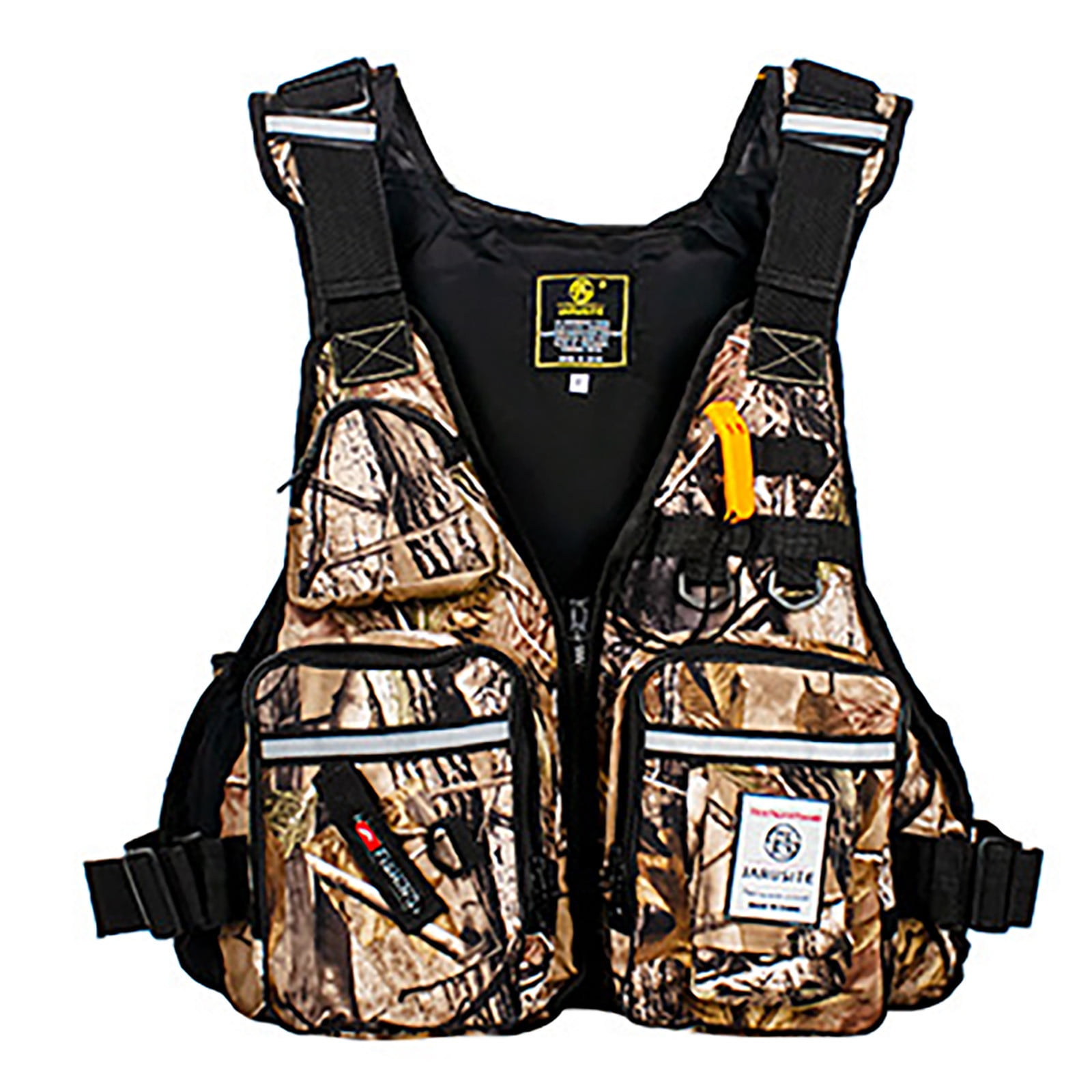 Multi-Pocket Fishing Life Vest with Reflective Strips,Adjustable Safety Jacket for Boating and Water Sports,Buoyancy Aid with Whistle for Adult Outdoor Activities(Beige)