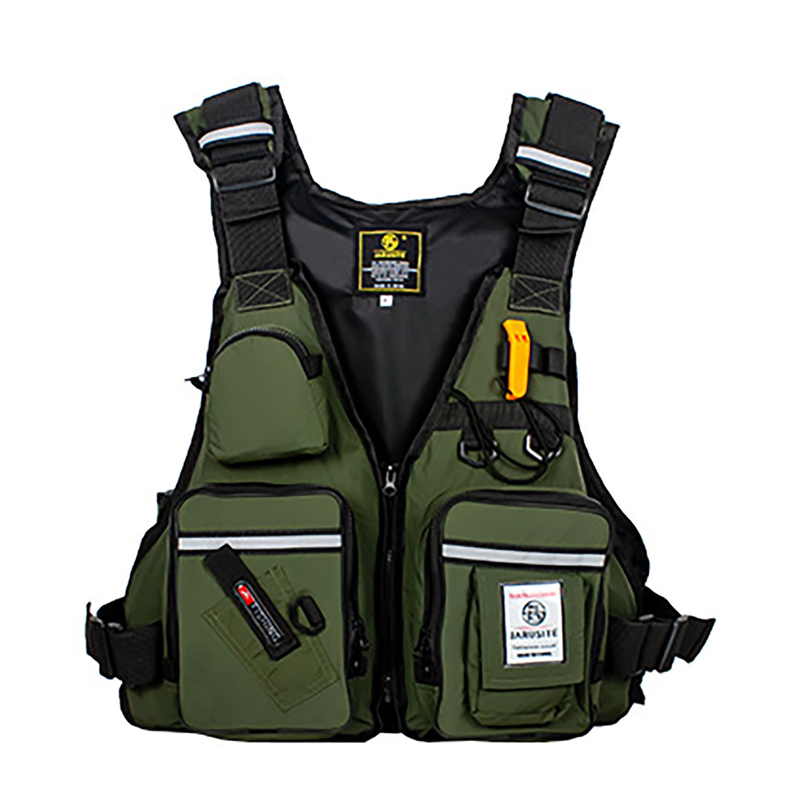 Multi-Pocket Fishing Life Vest with Reflective Strips,Adjustable Safety Jacket for Boating and Water Sports,Buoyancy Aid with Whistle for Adult Outdoor Activities(Green)