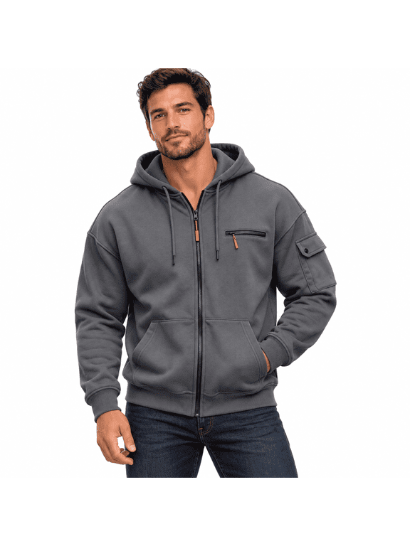 Multi Pocket Full Zip Hoodie for Men, Chest Zip and Sleeve Flap Pockets, Casual Long Sleeve Sweatshirt Jacket, G05 - Dark Gray, Large
