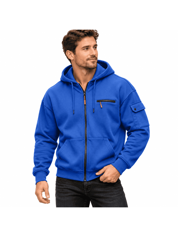 Multi Pocket Full Zip Hoodie for Men, Chest Zip and Sleeve Flap Pockets, Casual Long Sleeve Sweatshirt Jacket, G08 - Navy, 3X-Large