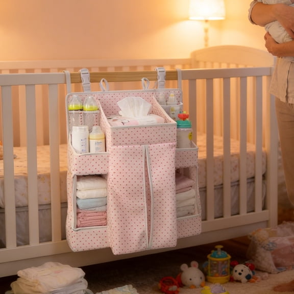Multi-Pocket Nursery Organizer, Thick Breathable Cotton Diaper Caddy, 17.52 Inch Bedside Hanging Storage Bag, Large Capacity Tidy Station for Campus Nursery