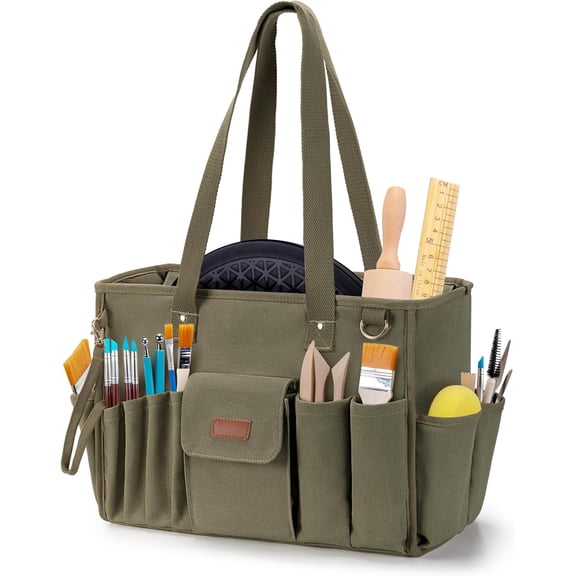 Multi-Pocket Pottery Tool Bag, Portable Clay Sculpting Organizer Tote for Studio & Travel in Green
