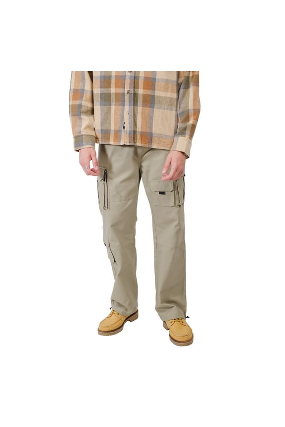 Men's Multi-Pocket Twill Cargo Pants, with Drawstring Waist, Olive Gray, Small