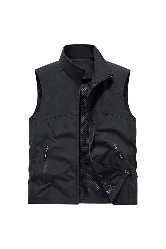 Multi Pocket Utility Cargo Vest Men Lightweight Stand Collar Zipper Fly Hiking Photography Fishing Travel Jacket