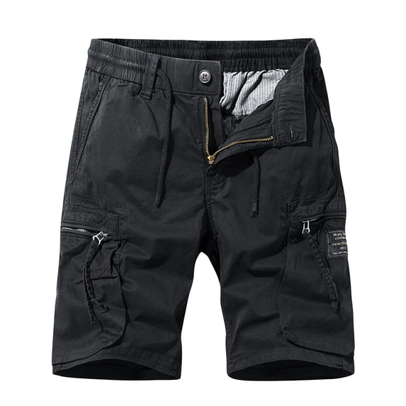 Multi Pockets Cargo Shorts for Men Single Button Elastic Waist Straight Leg Solid Work Hiking Outdoor Short Pants Black,S