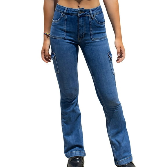 Multi Pockets Denim Pants for Women High Waisted Straight Leg Stretchy Jeans Bootcut Solid Jeans