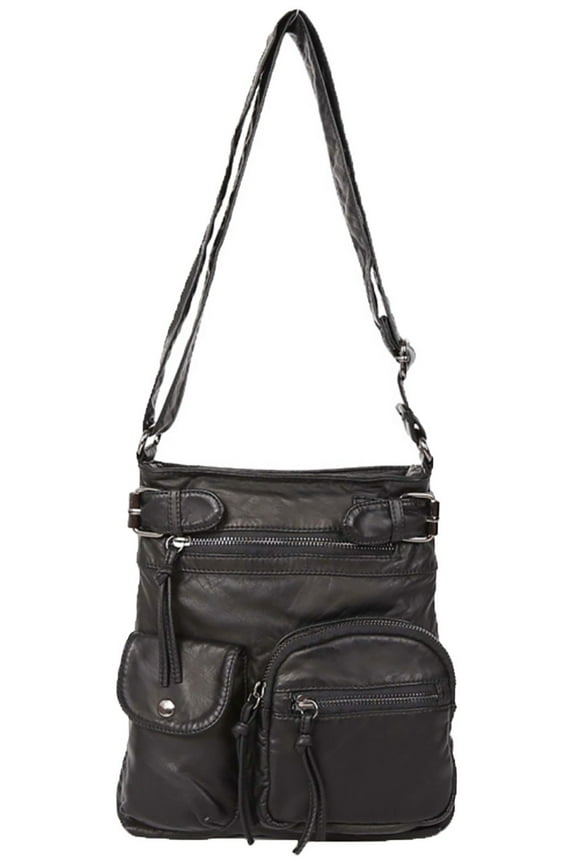 Multi Pockets Soft Washed Leather Crossbody Bag Black