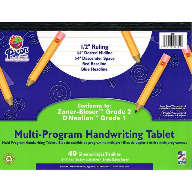 Multi-Program Handwriting Tablet, D'Nealian/Zaner-Bloser, 1/2" x 1/4" x 1/4" Ruled Long, 10-1/2" x 8", 40 Sheets | Bundle of 10 Each