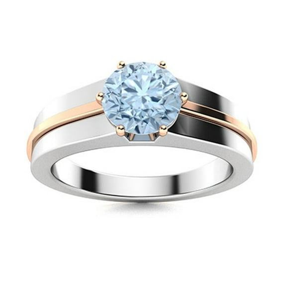 Multi Prong Set 6MM Round Aquamarine Two Tone Women Ring 925 Sterling Silver